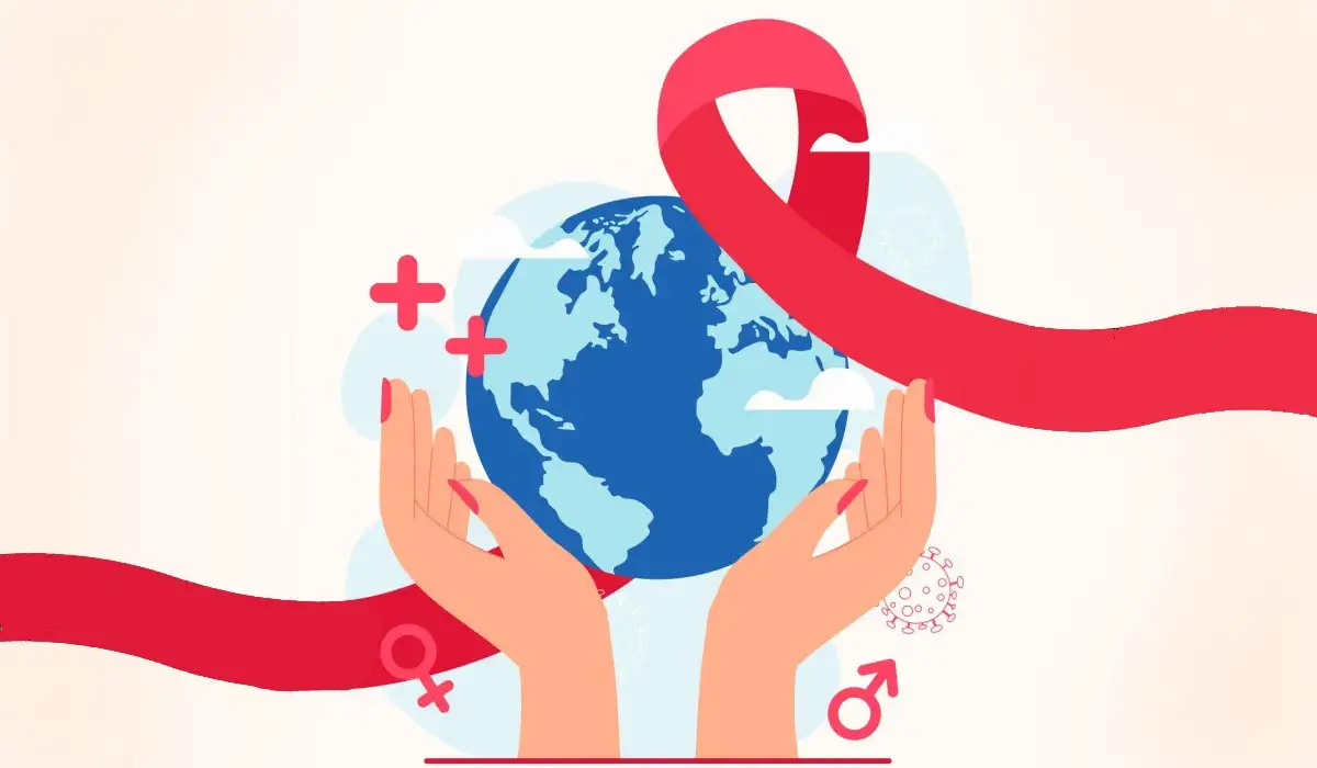 Hands holding the world with a red ribbon symbolizing world aids day
