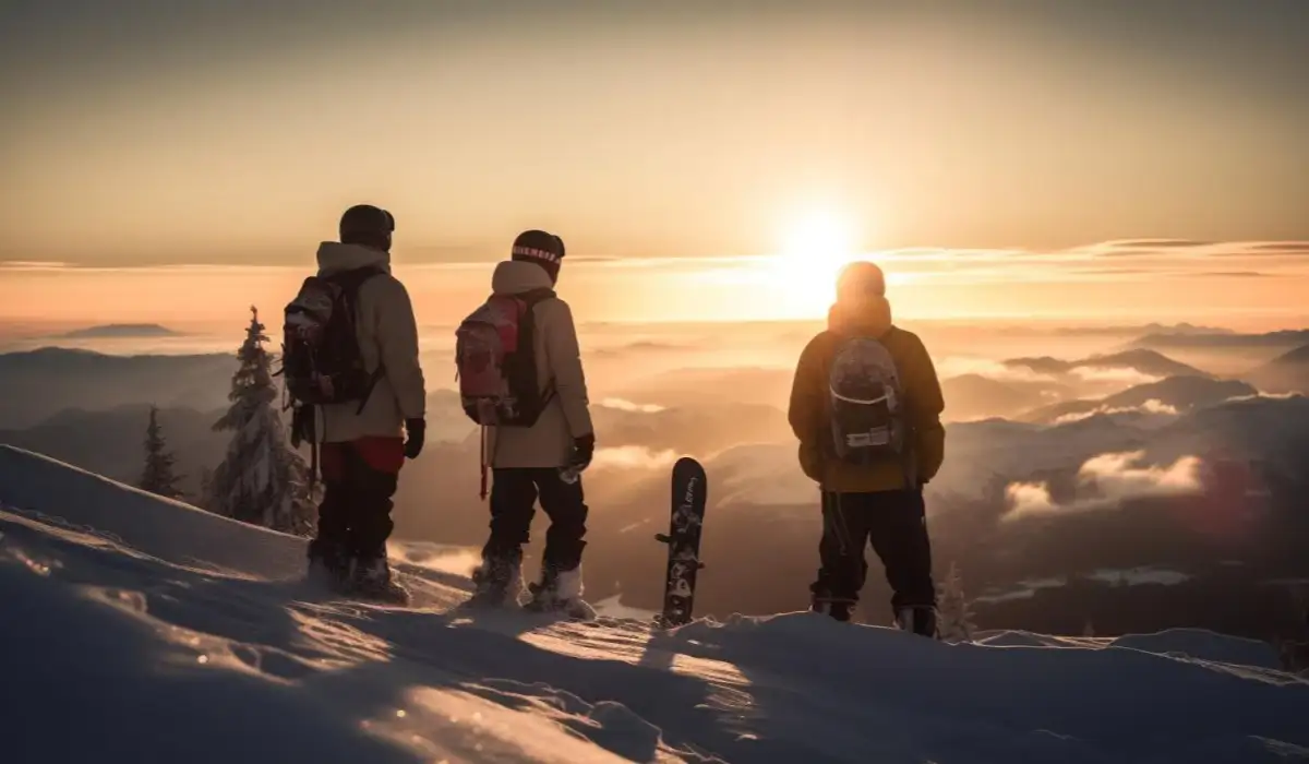 Men and women snowboarding on the mountain range at sunset