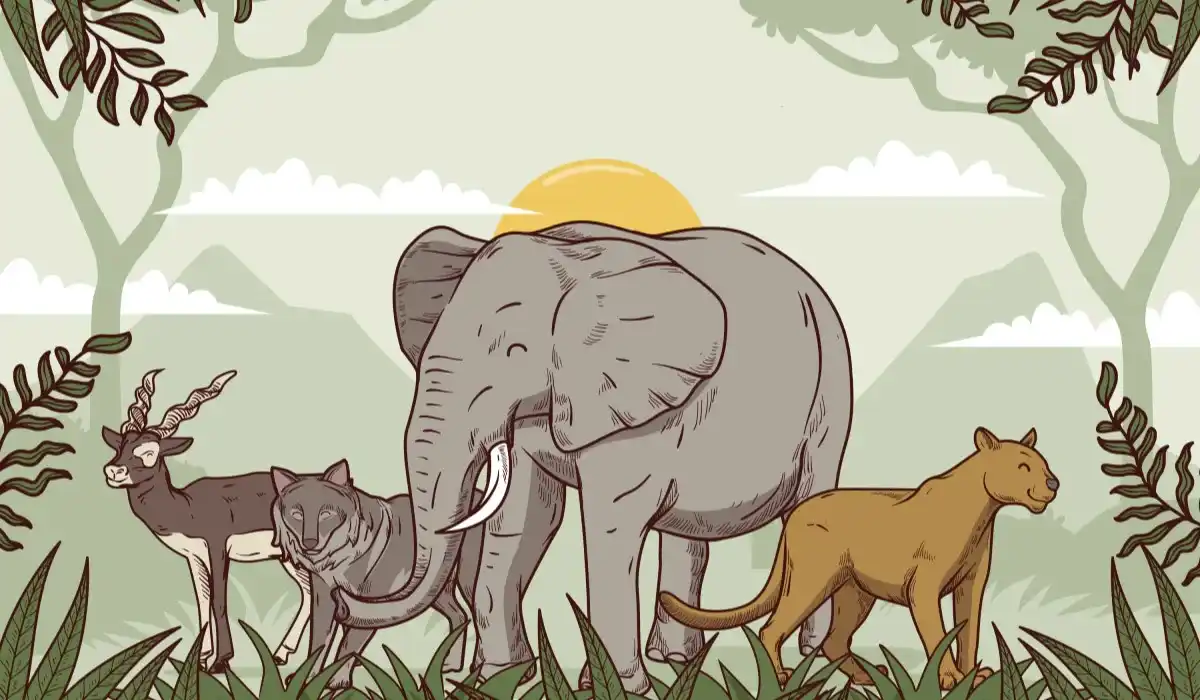 Illustration featuring various animals, including an elephant, a wolf, a puma and an eland
